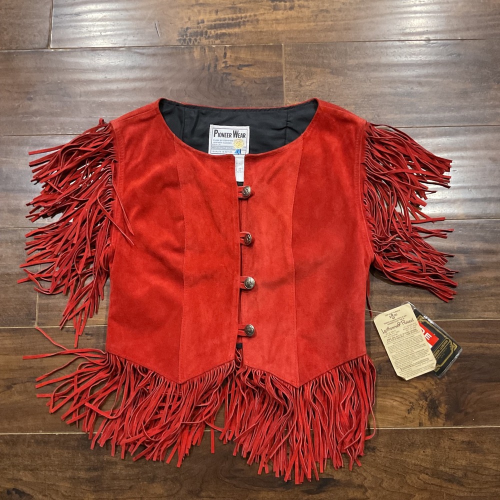 Vintage Pioneer Wear Red Suede Fringe Vest Western Leather Cropped USA Womens 12